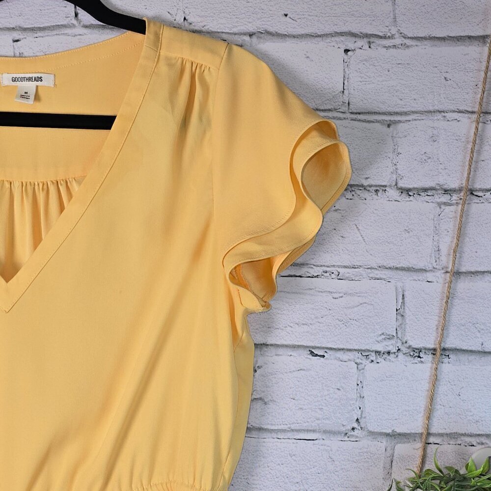 GOODTHREADS BUTTERY YELLOW COTTON KNIT SHIRT DRESS FLUTTER SLEEVE CINCH WAIST M - Picture 8 of 11
